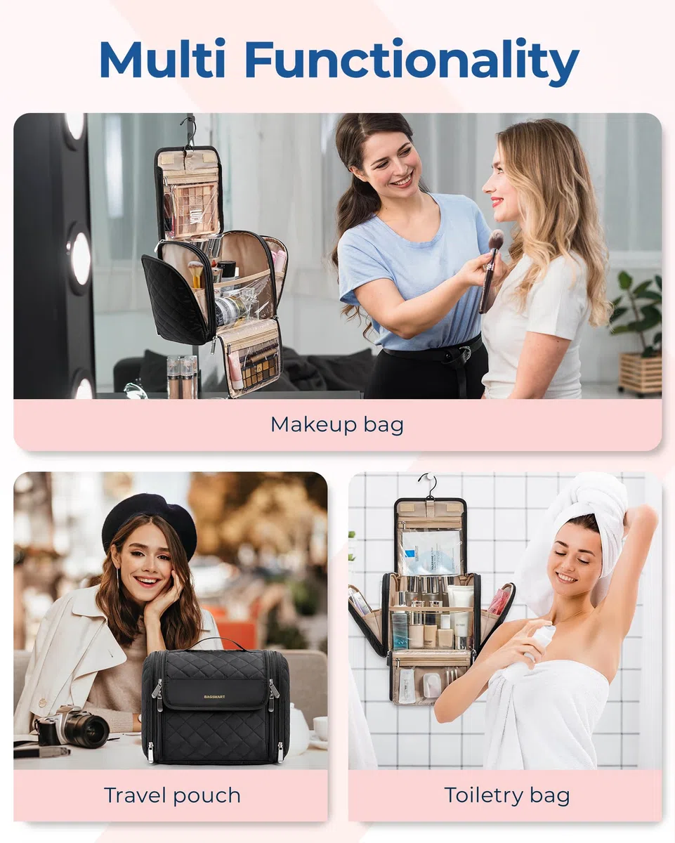 BAGSMART Groß Kulturbeutel Damen Kulturtasche Zum Aufhängen Kosmetiktasche Kulturbeutel Reisezubehör für Frauen & Mädchen Schwarz