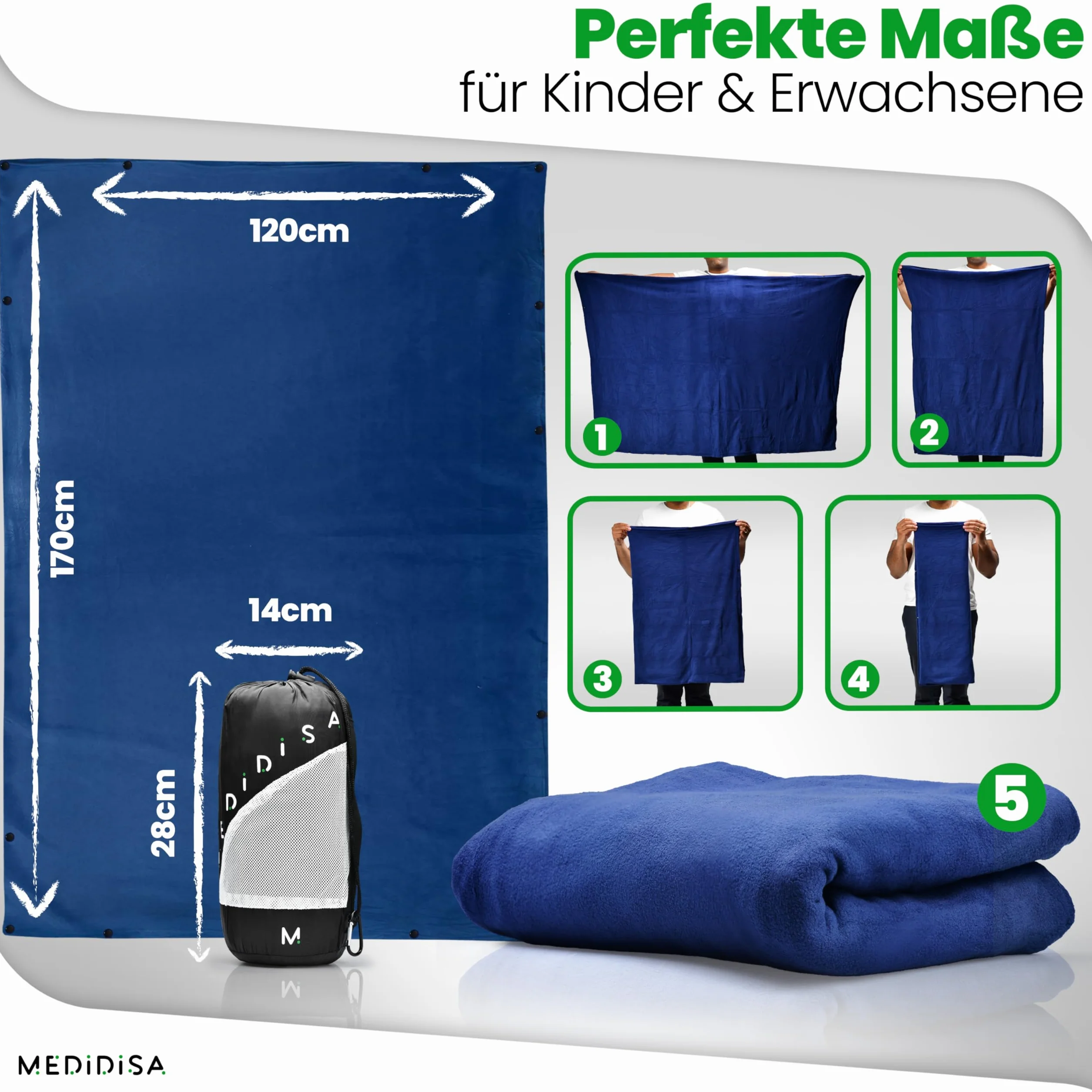 Reisedecke Ultraleicht warm für Reisen & Camping (Fleece, 170x120 cm) - Leichte, warme Decke für Flug & Auto - Campingdecke dünn & atmungsaktiv für Kinder & Erwachsene (Marineblau)