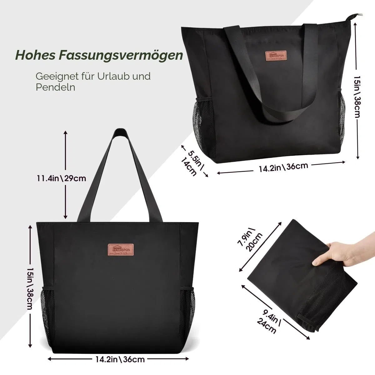 HOMESPON Große Wasserdichte Strandtasche mit Reißverschluss und Taschen für Damen