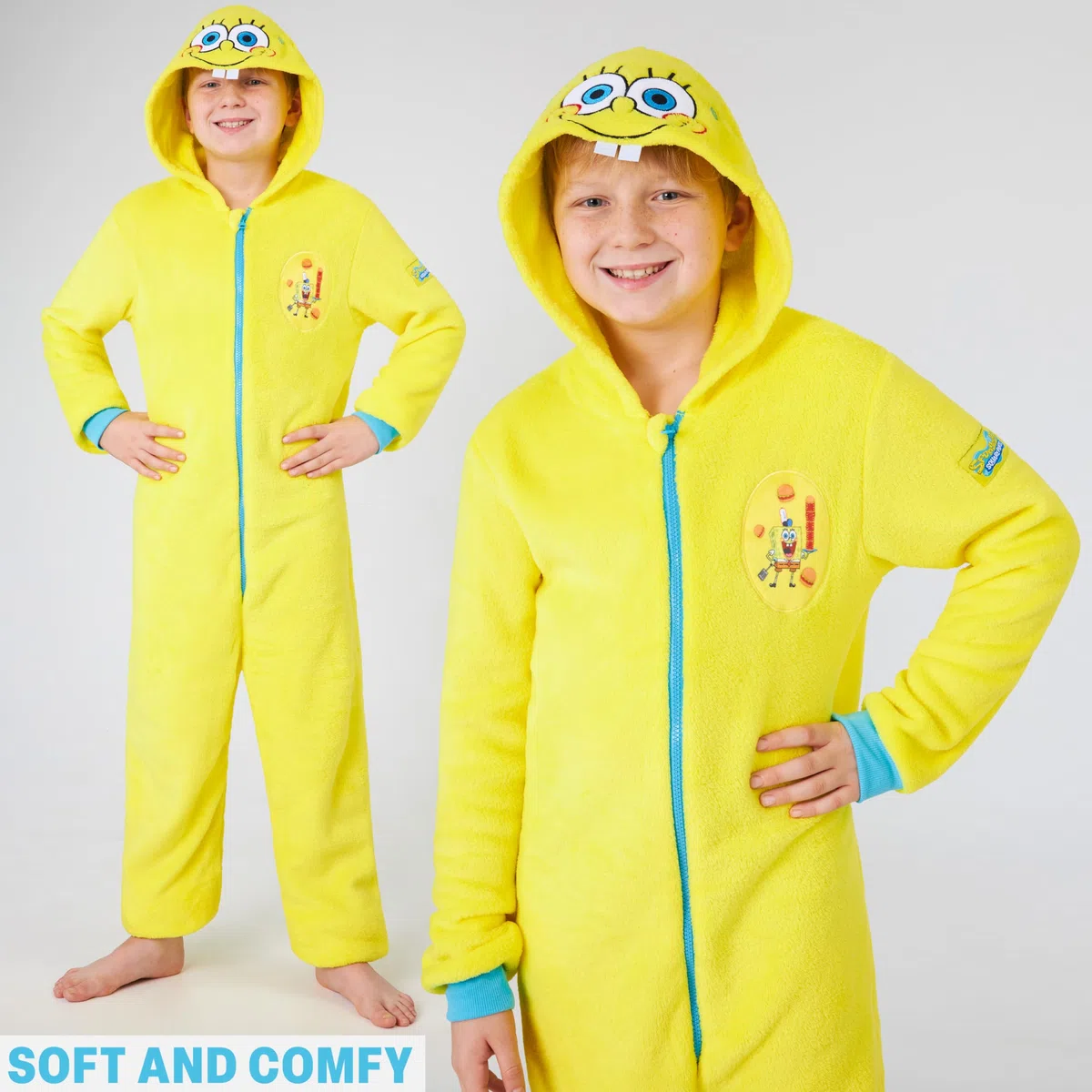 Spongebob Schwammkopf Onesie Für Kinder und Mädchen 5–14, Fleece Jumpsuit Schlafanzug Mit Kapuze, Geschenk Für Mädchen