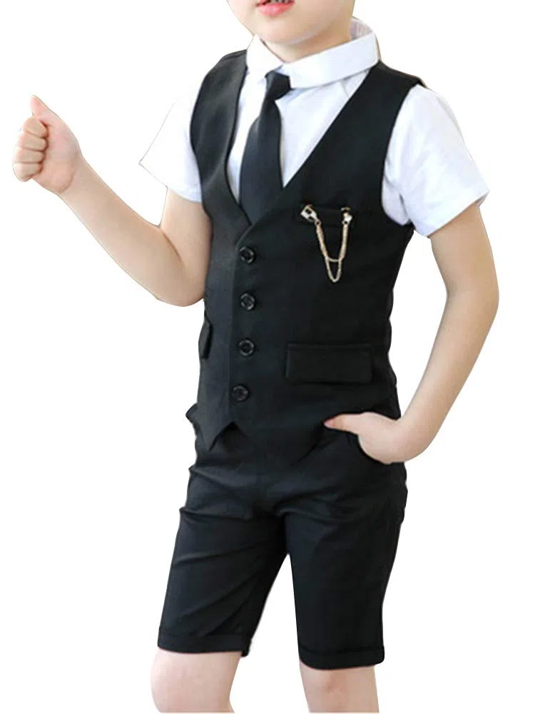 Junge Sommer Freizeit Anzug Weste Hemd Krawatte mit kurzen Hosen Schwarz 140