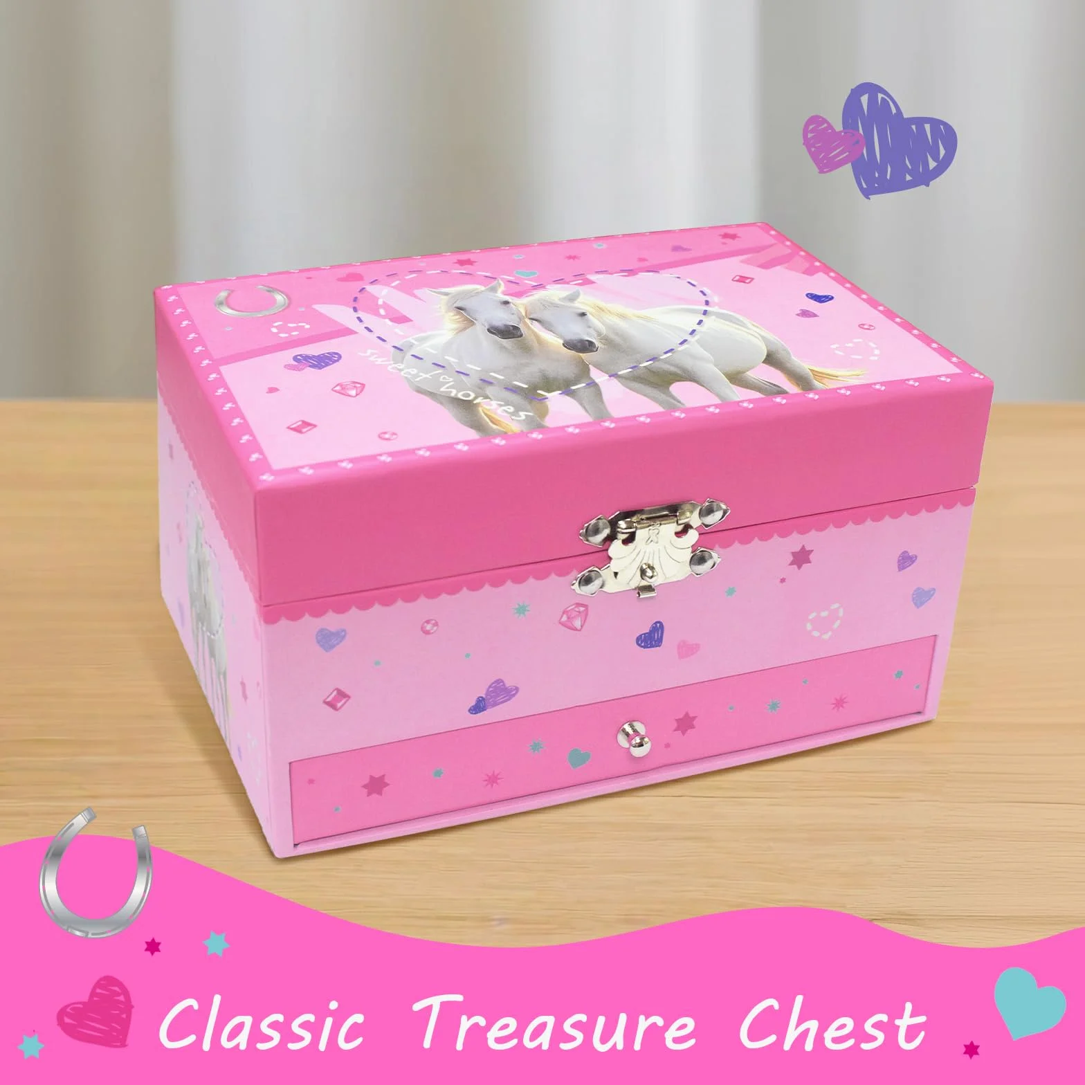 GINMLYDA Pferd Schmuckkästchen für Mädchen, Kinderspieluhr mit Drehendem Einhorn & Schublade Kinder Schmuckschatulle mit Spiegel Musik Spieluhr 18 x 12 x 10 cm Geschenke für Kleine Mädchen Alter 3-10