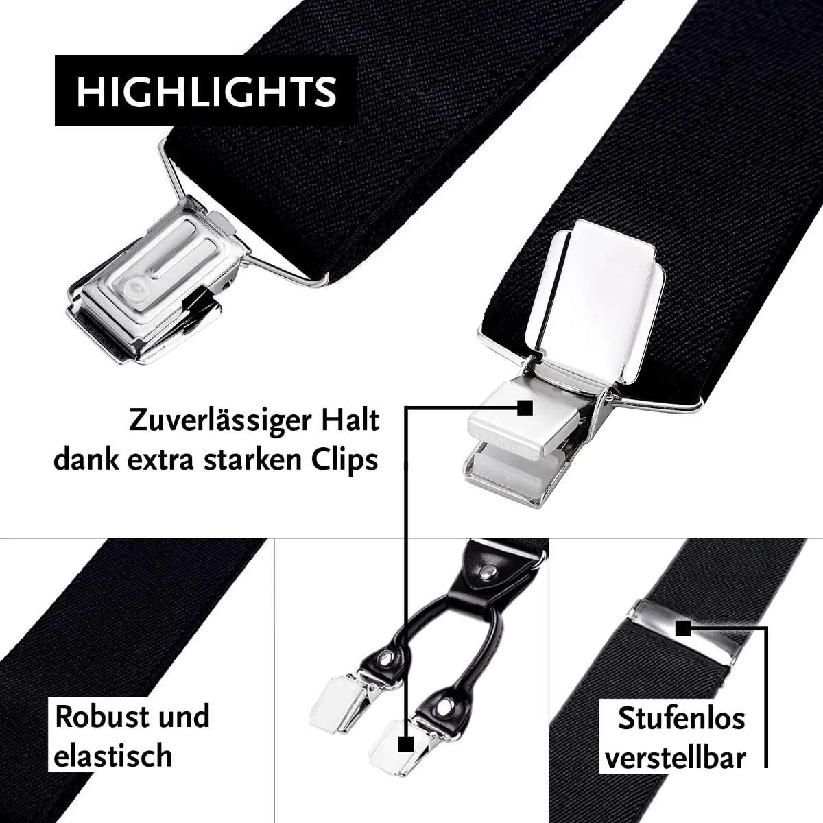 DonDon Hosenträger Herren extra stark 3,5 cm Hosenträger Herren breit mit brauem Leder in Y-Form lang - Starke Clips passend für Anzug Jeans Chinos Vintage Rockabilly Suspenders
