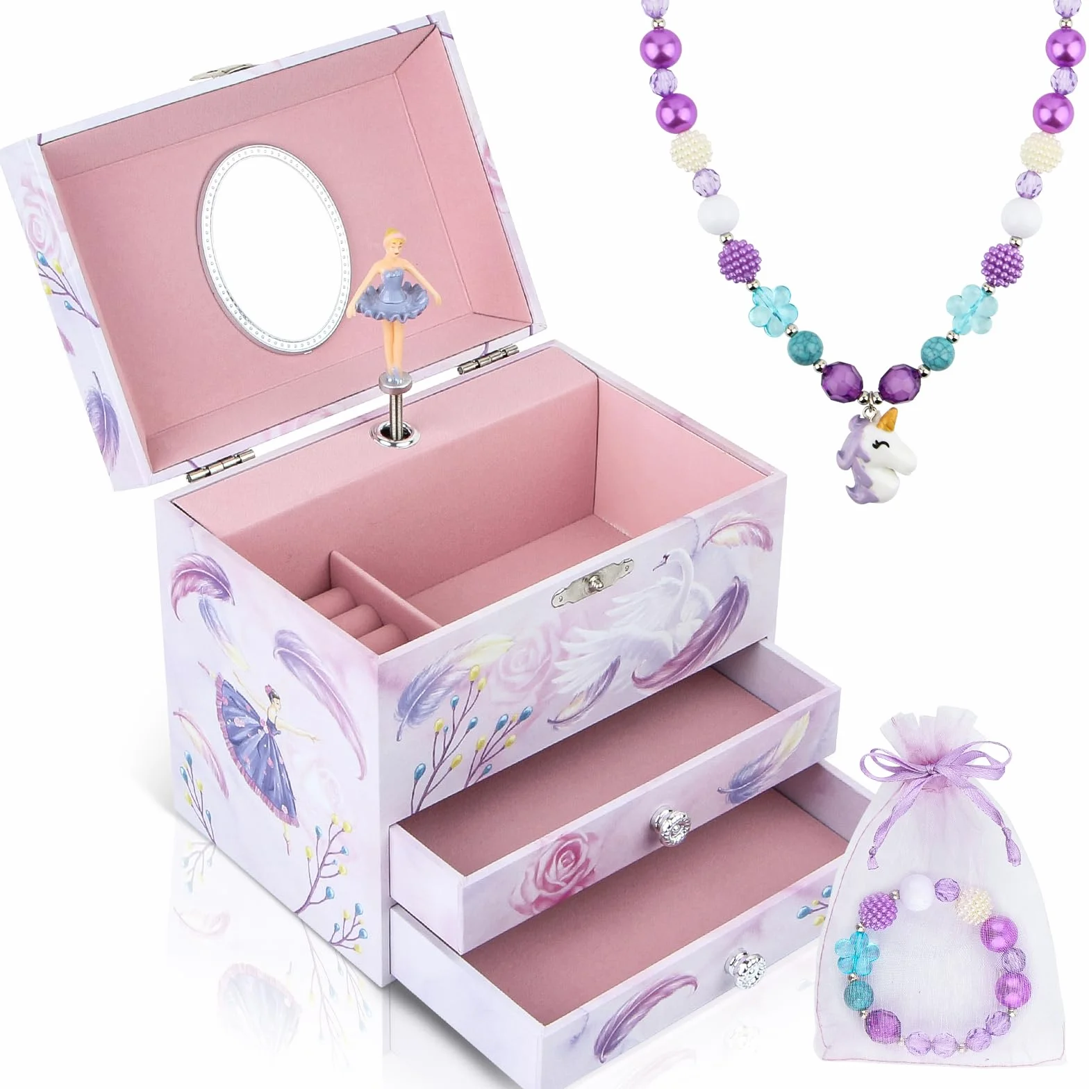 Ballerina Schmuckkästchen für Mädchen, Kinder Spieluhr mit drehender Ballerina, 2 Schubladen und Einhorn Schmuckset, Musikkästchen Geschenk für Kinder Mädchen