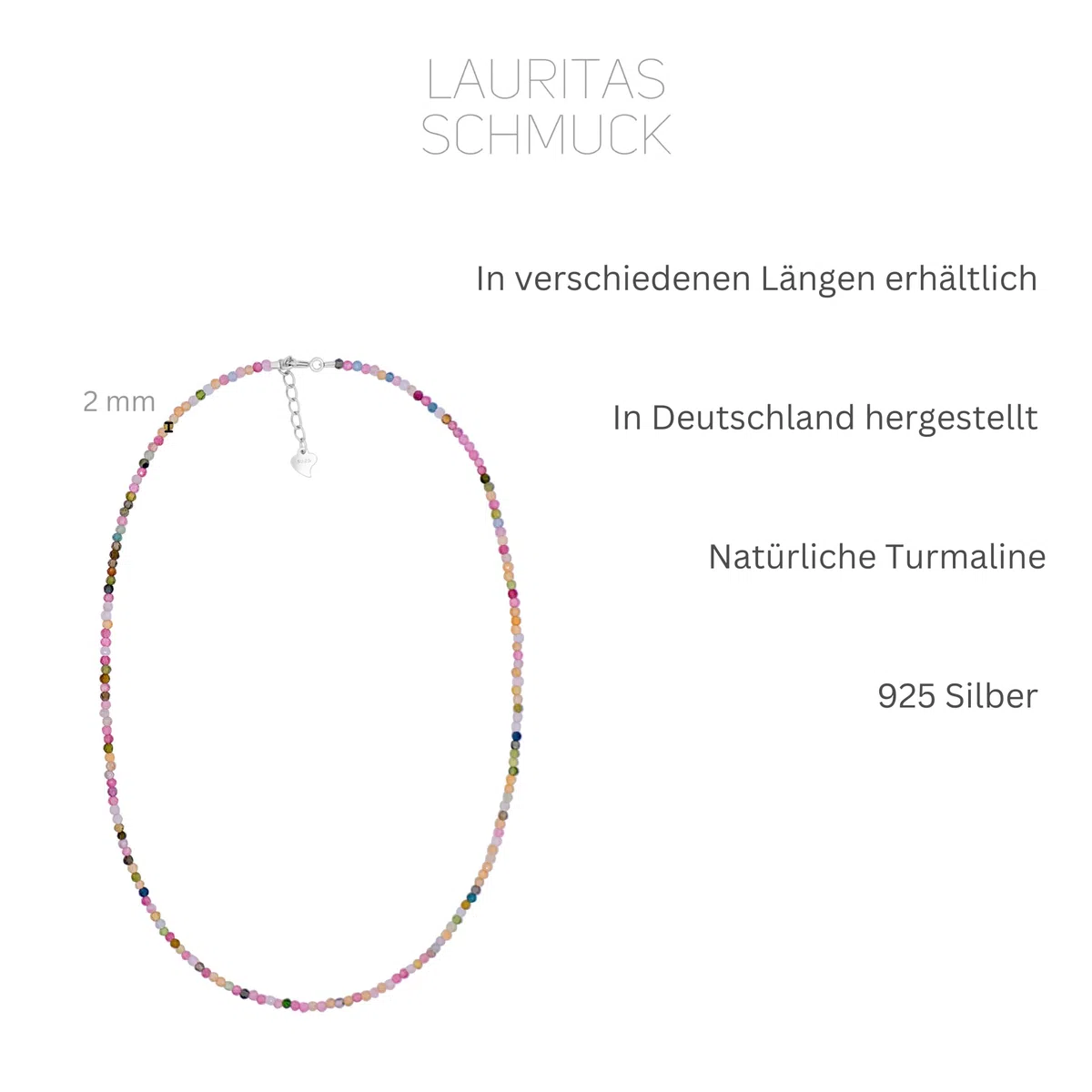 Turmalin Halskette 925 Silber Natürlicher Edelstein Schmuck 2mm Neu Elegant Mehrfarbig Silberschmuck