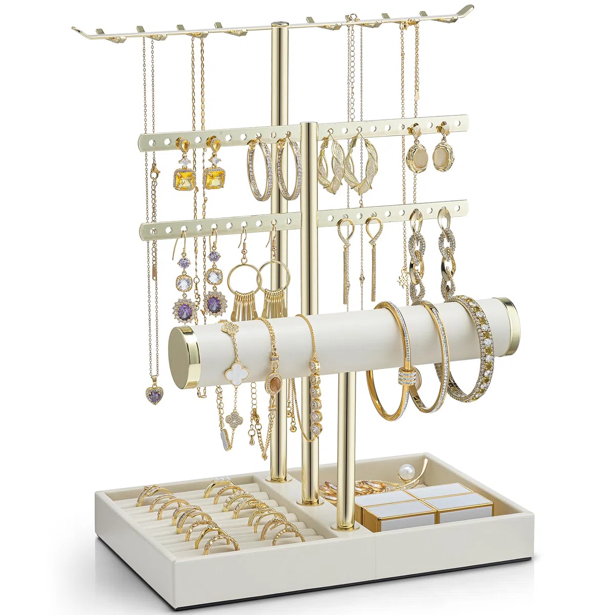 VLANDO Schmuck Organizer 4 Etagen Schmuckständer Gold mit Kunstleder Armbandhalter - Schmuckaufbewahrung Display für Halsketten, Uhren, Ringe, Ohrringe, Armbänder, Armreifen, Sonnenbrillen