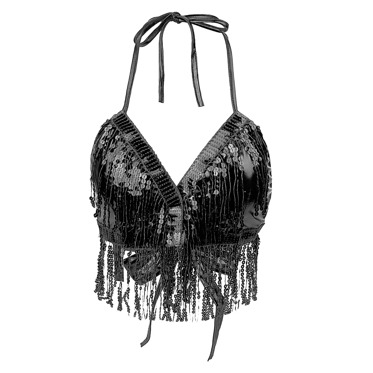 Damen Pailletten BH Bandage Oberteile mit Neckholder Fransen Bauchtanz Crop Top Glitzer Tanzwerkzeug Rückenfreie Nachtclub Tanzbekleidung Clubwear Bühnenaufführungen Kostüme Für Yoga Cha Cha Latein