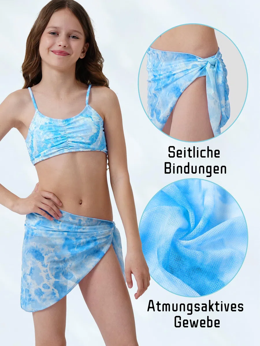 NATUST Mädchen Badeanzug 3-teilig Bikini Set Bikinioberteil mit Triangel Bikinihose und Rock