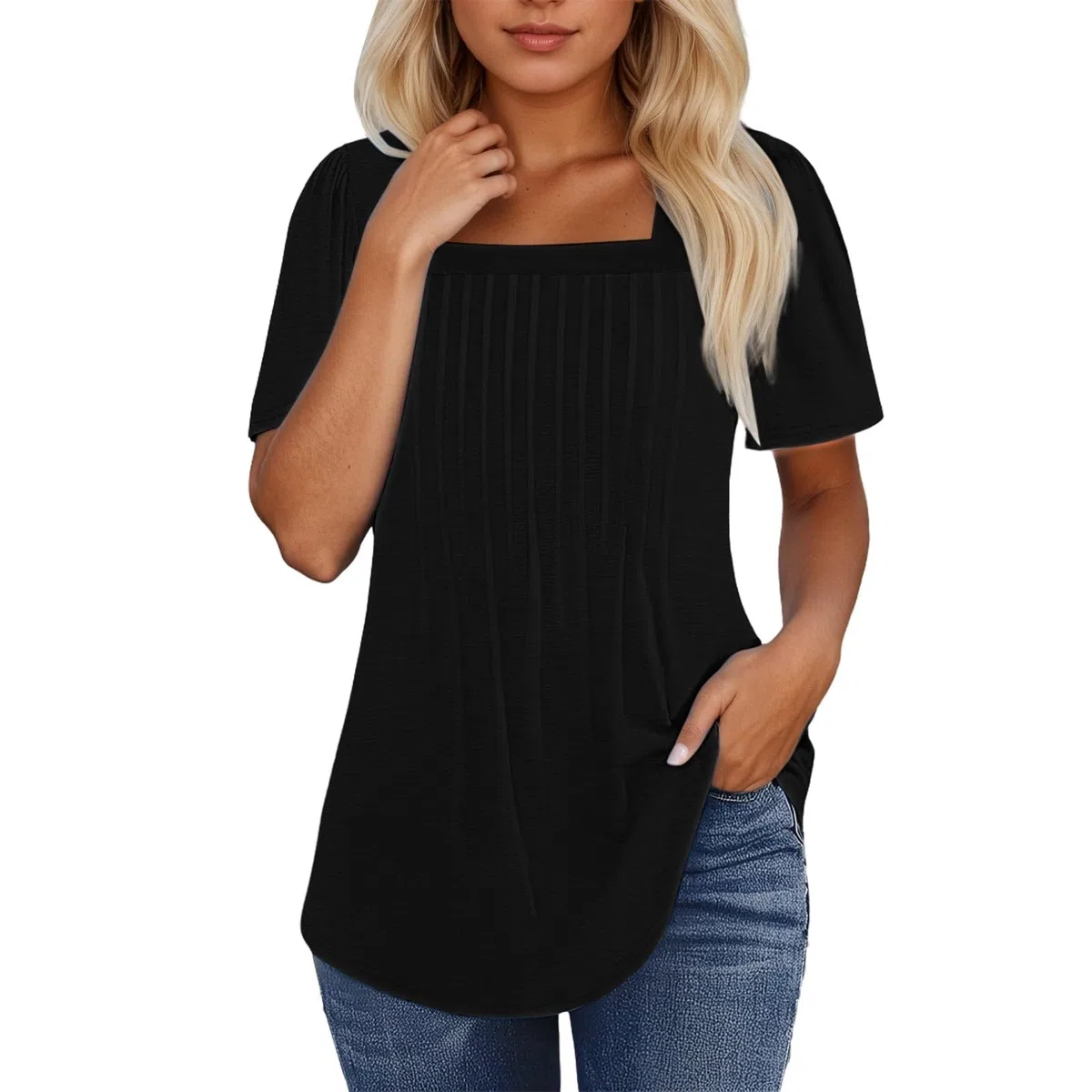 Damen T-Shirt mit quadratischem Ausschnitt weich bequem Rüschen Sommer Alltag Urlaub Büro Freizeitmode Casual Bluse