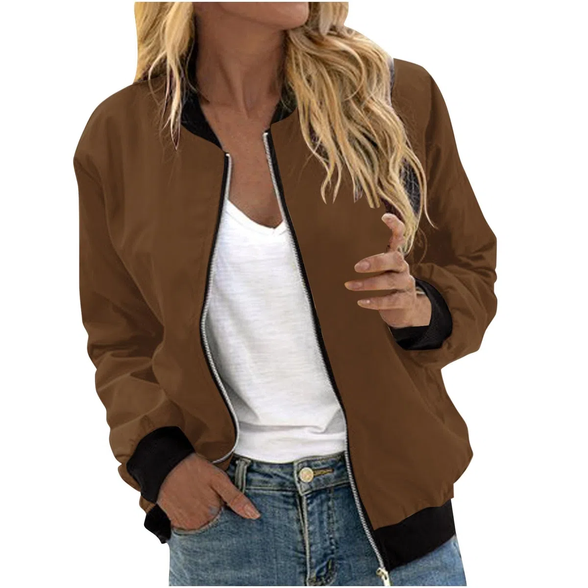 EMATOP Bomberjacke Damen Langarm Casual College Jacke Leichte Elegant Fliegerjacke Bequem Einfarbig Pilotenjacke Zip Up Übergangsjacke mit Taschen Sportjacke Locker Lässig Bikerjacke Outwear