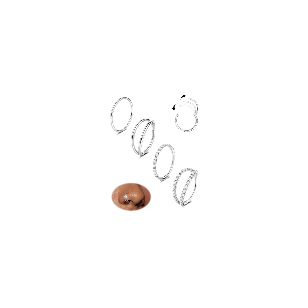 Dochais 4PCS 18G Nasenpiercing Ring, Ohrringe Chirurgenstahl Tragus Septum Piercing CZ Clicker Ring, Segmentring Conch Lippe Knorpel Doppelt Nasenring Hoop 8mm 10mm für Damen Herren