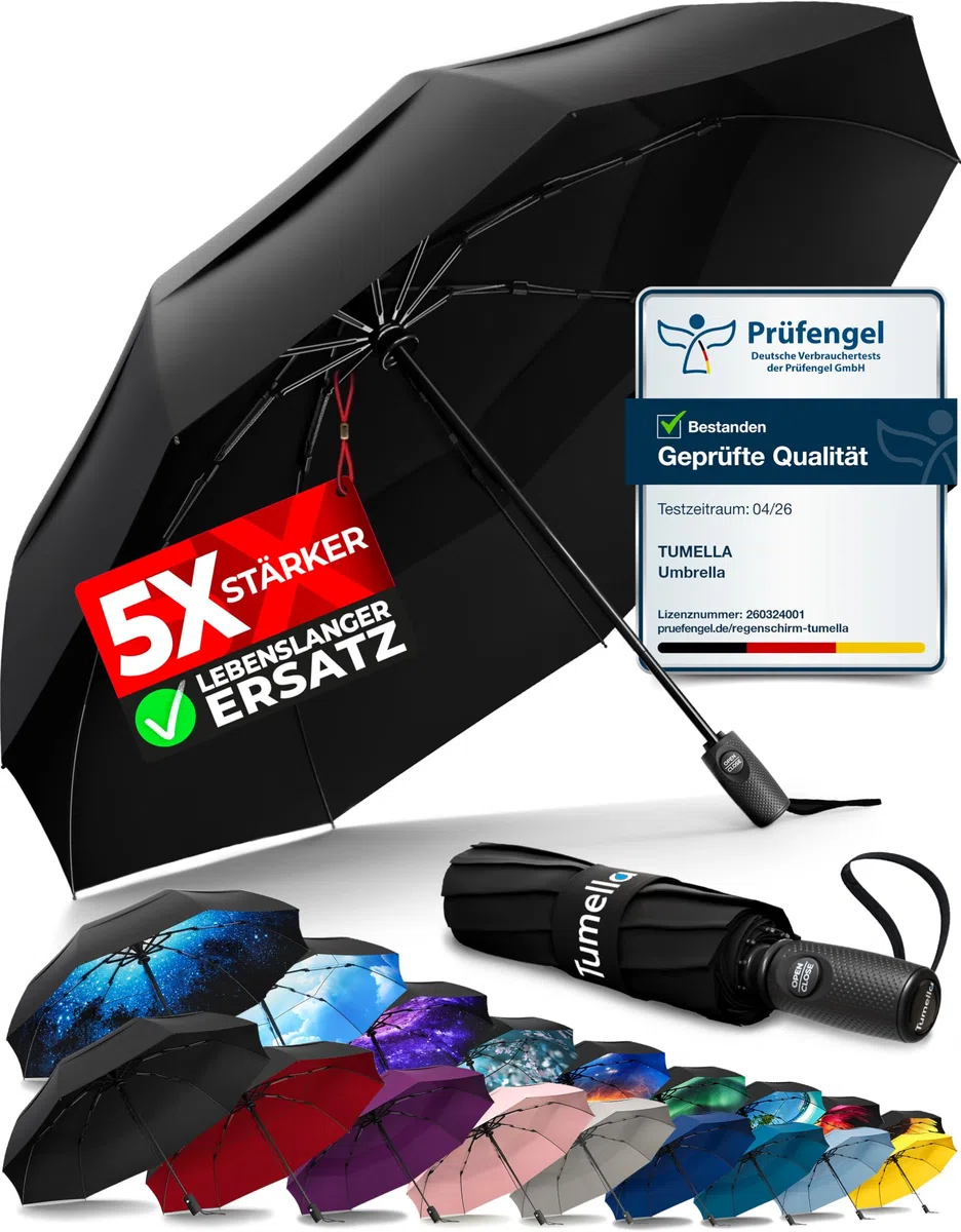 TUMELLA Stärkster sturmfester Reiseschirm (kompakt und hochwertig), kleiner, robuster, aber leichter, tragbarer und automatisch zusammenklappbarer Regenschirm, langlebiger Premium-Griff