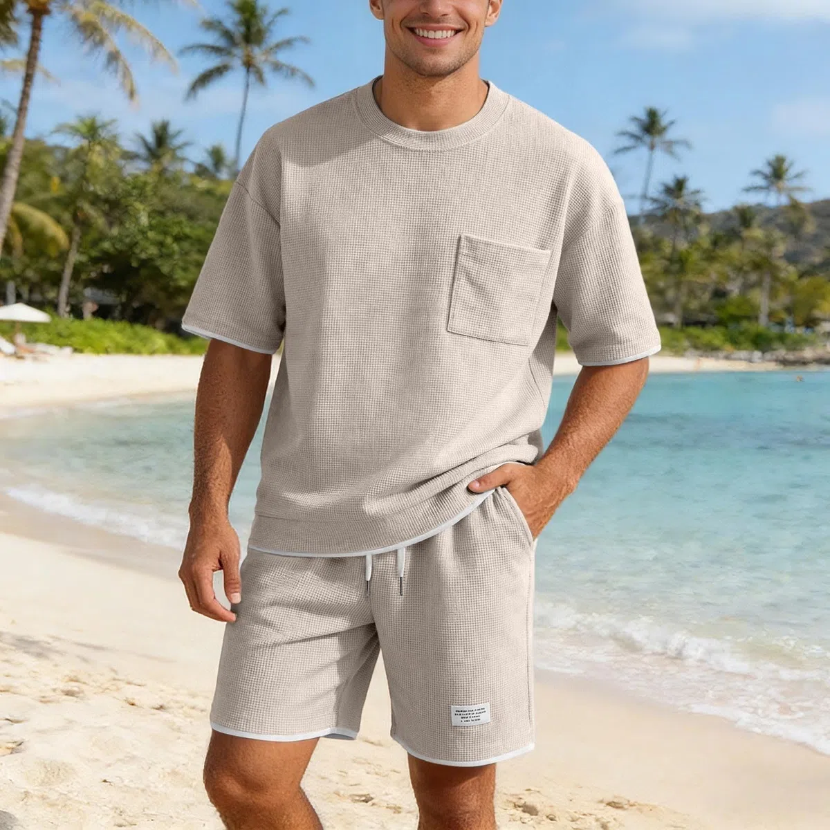 2 Teiler Herren Sommer, Outfit Herren Waffle Sportanzug T-Shirt Und Shorts Set Trainingsanzug Jogginganzug Kurz Zweiteiler Freizeitanzug Sport Kleidung Männer Große Größe S-4XL
