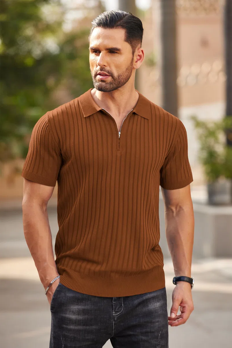 COOFANDY Herren Poloshirt mit Reißverschluss Sommer Kurzarm Strick Gestreiftes Polohemd Stretch Golf Casual Polo Shirt