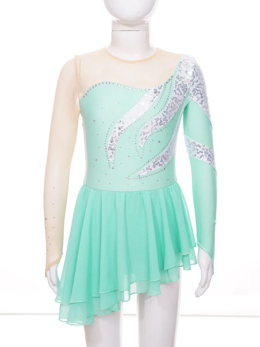Mädchen Kind Kleid Eiskunstlauf Asymmetrisch Strass Glänzend Gymnastikanzug Tanz Kostüm Show Jahre