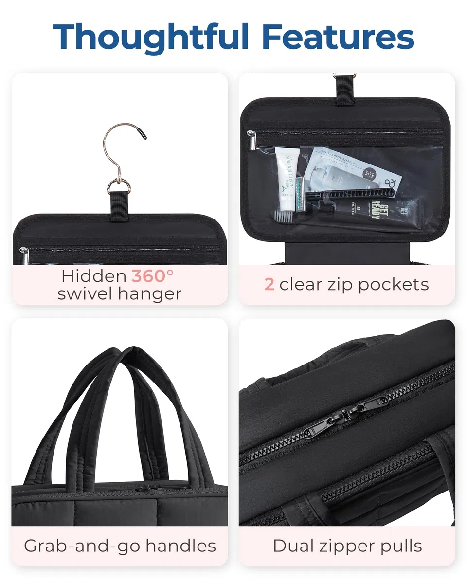 BAGSMART Kulturbeutel zum Aufhängen, Kulturtasche für Damen, Kosmetiktasche Groß, Toilettentasche Damen Reise Schmuck Organizer, Puffy Makeup Cosmetic Bag Organizer, Schwarz