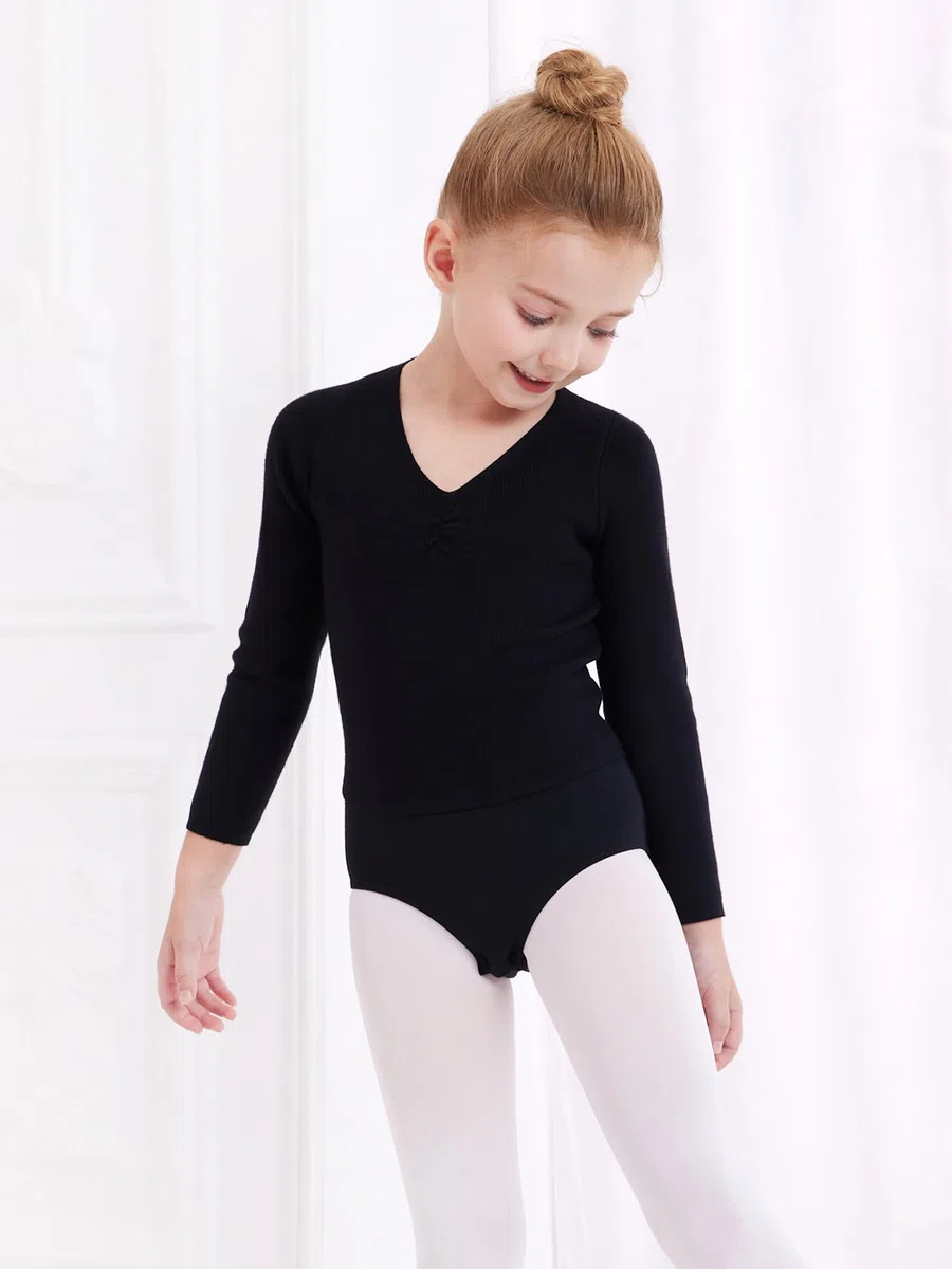 Kinder Mädchen Tanzpullover V-Ausschnitt Ballett Bolero Ballett Top Girl Strickpullover Langarm 3-11 Jahre (DE/NL/SE/PL, Numerisch, 150, Regular, Schwarz)
