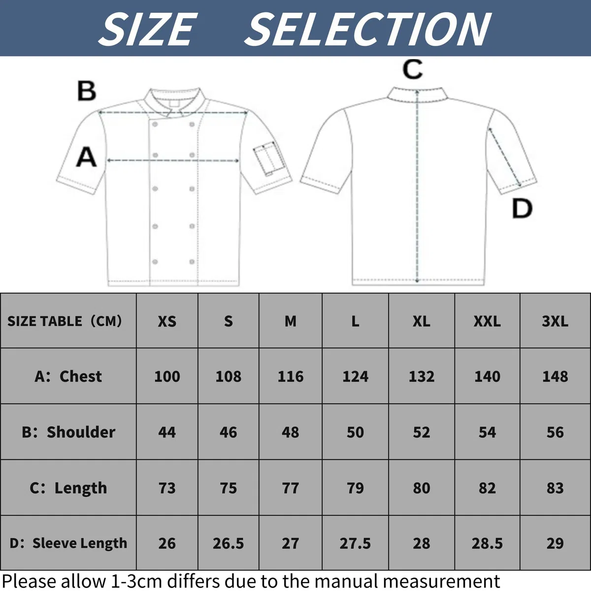 Kochjacke für Herren & Damen Slim Kochjacke mit Druckknöpfen Herren Modern Style Kurzarm Bäckerjacke Professional Chef Uniform Kurzarm