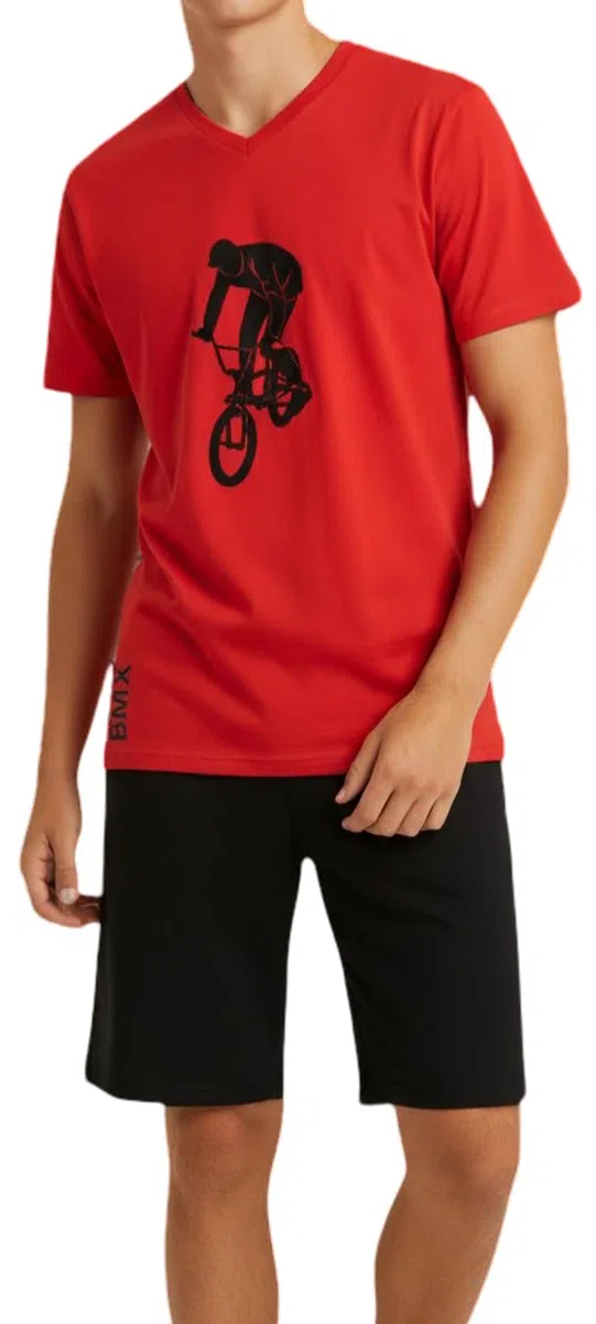 Jungen Schlafanzug kurz, aus 100% weicher Baumwolle und mit Hose in Bermuda Form, mit BMX Motiv, in der Farbe rot