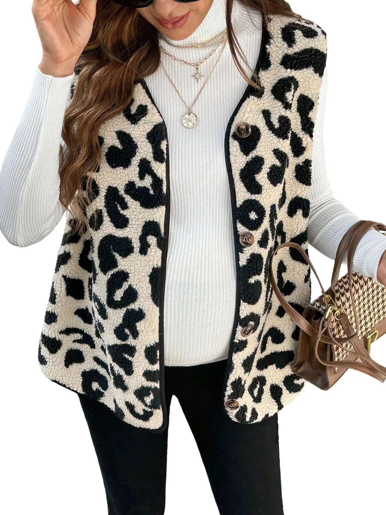 GORGLITTER Damen Schwangeren Westen Teddyjacke Ärmellose Leoparden Westejacke Leicht Teddy Fleecejacke mit Knöpfleite Herbst Outfit
