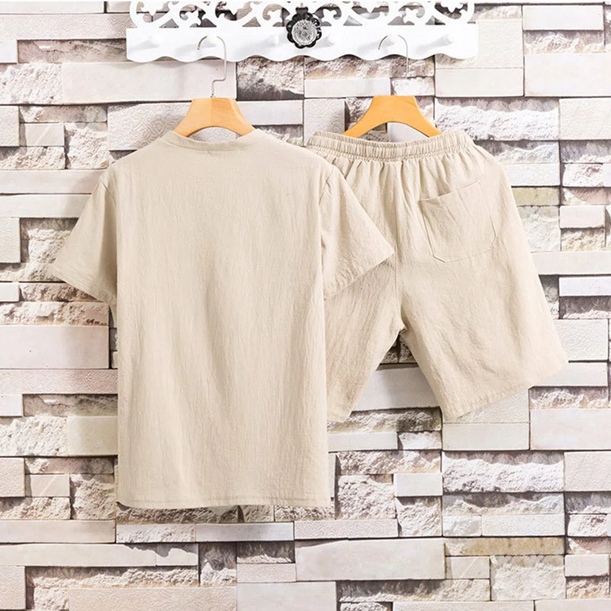 Zweiteiler Herren Leinenanzug Sommer Freizeitanzug Einfarbig 2-teilig Kurzarm Button Up Hemd und Shorts Beach Shirt Kurze Hose Set 2026 Manner Leinen Anzug