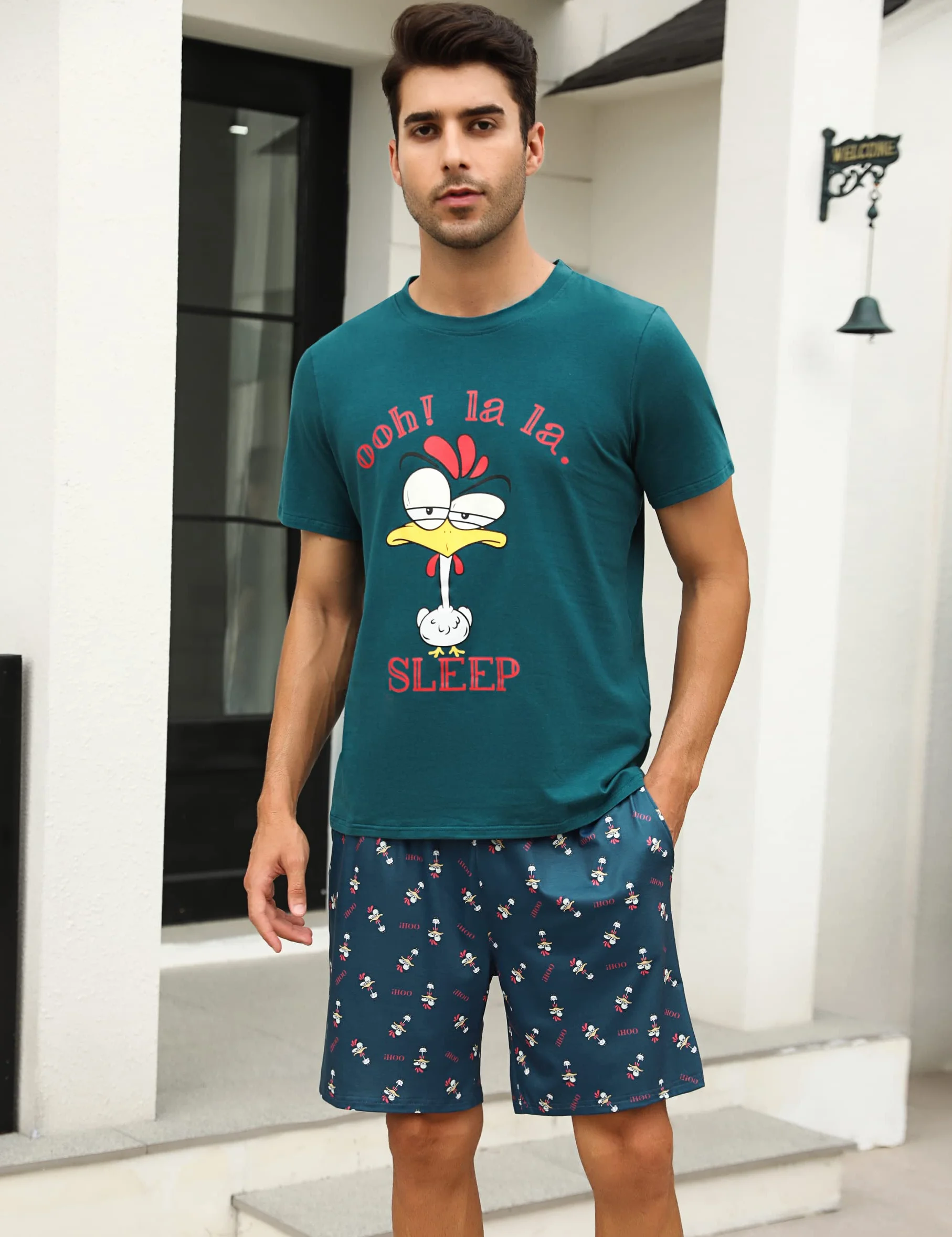 Schlafanzug Herren Kurz Pyjama Lustig Baumwolle Shorty Nachtwäsche Zweiteilige Pyjamas mit Hahn T-Shirt und Schlafanzughose für Männer