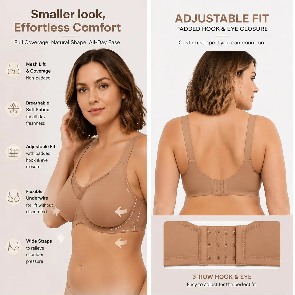 Elegante, halbtransparente Minimizer-BHS mit voller Abdeckung für große Größen – ungefütterter, kühlender Komfort-Minimizer-BH für große Oberweiten