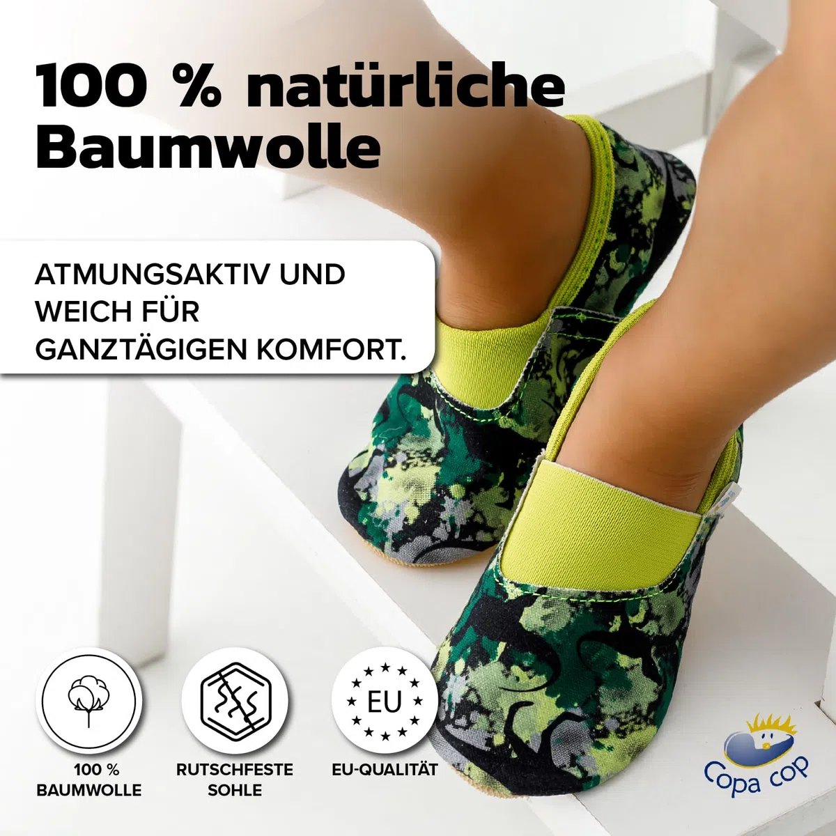Turnschläppchen Jungen – Gymnastikschuhe Jungen aus 100% Baumwolle – rutschfeste Hausschuhe Kinder extrabreit mit Elastischem Einsatz und Gummisohle