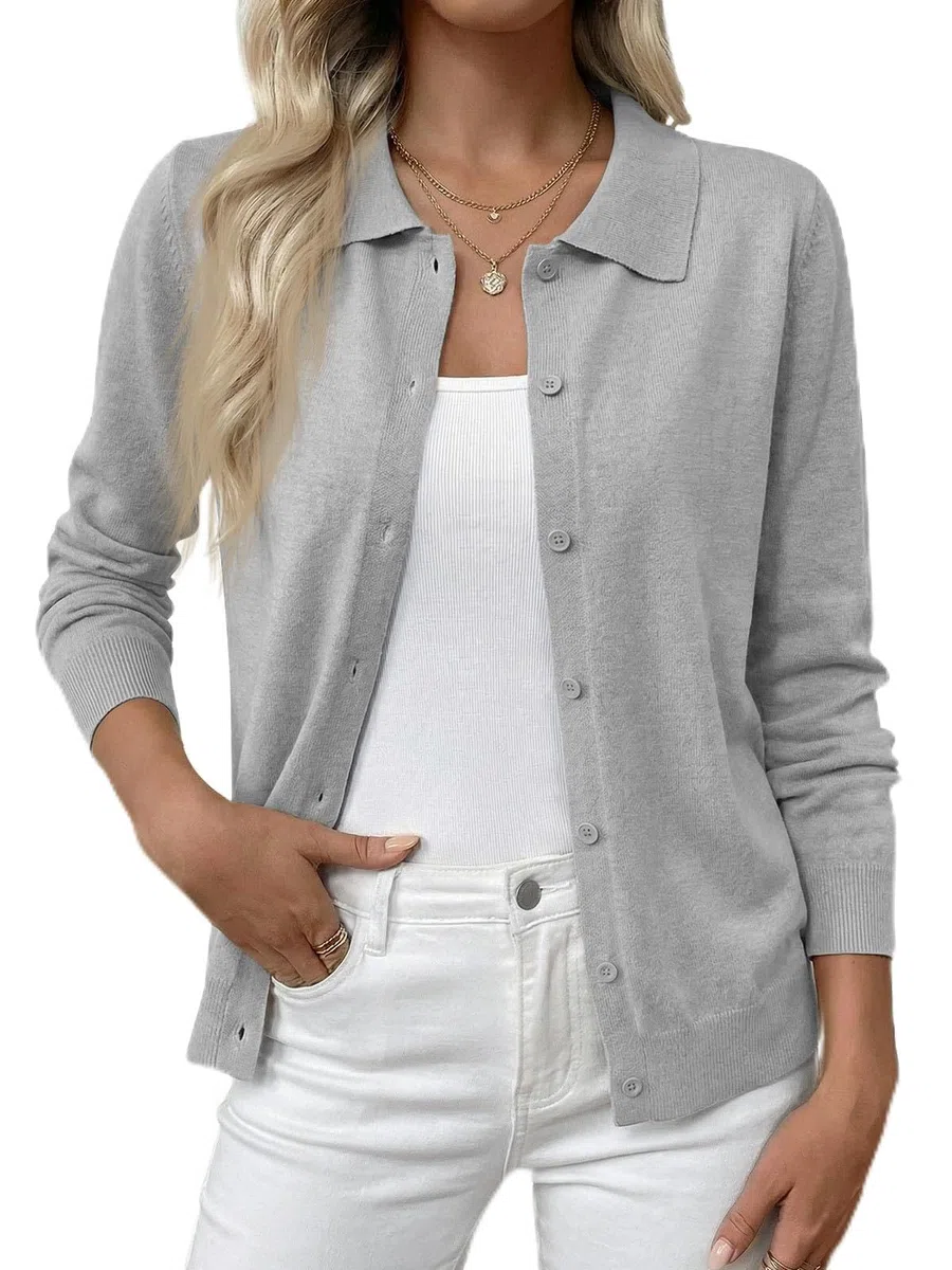 Cicy Bell Strickjacke Damen Kurz Leichte Langarm Cardigan Dünne Elegant Rundhals Tops Casual Basic Strickweste Knopfleiste Pullover