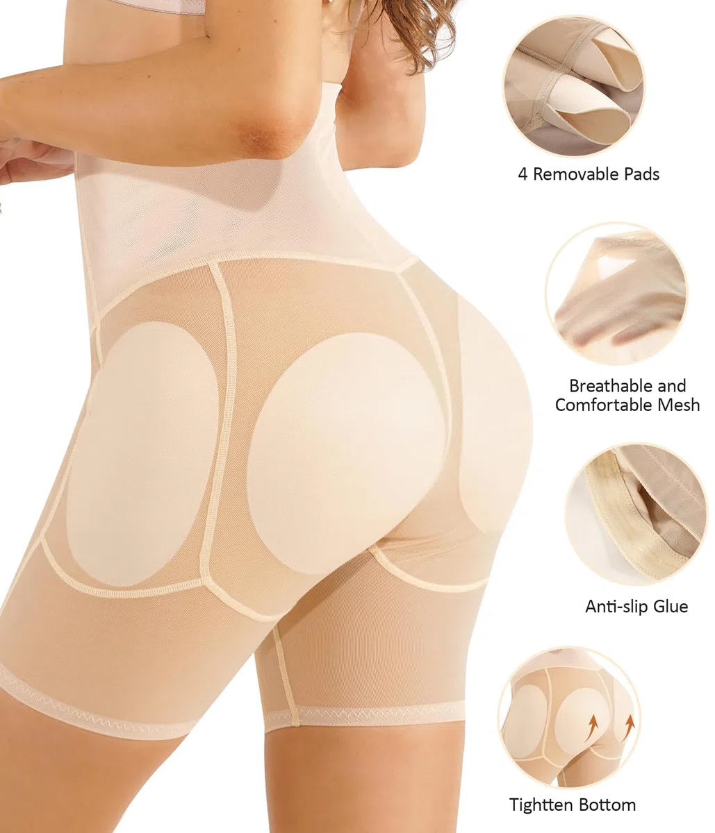 Junlan Damen Push Up Unterhose mit Po Butt Lifter & Hip Enhancer, Shapewear Bauchweg Hohe Taille, Gepolsterte Miederhose mit Hüftpolster, Nahtlose Radlerhose Figurformend
