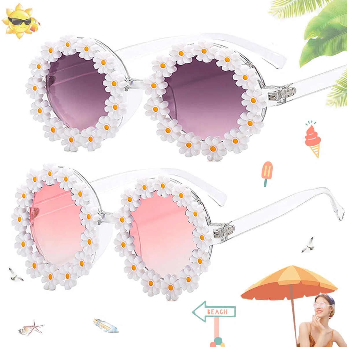 SoundZero 2 Sonnenbrillen Gänseblümchen, Party-Sonnenbrille, Urlaubssonnenbrille, runde Sonnenbrille, Blumendekoration, polarisierte Sonnenbrille, lustige Brille, für Erwachsene, Strand