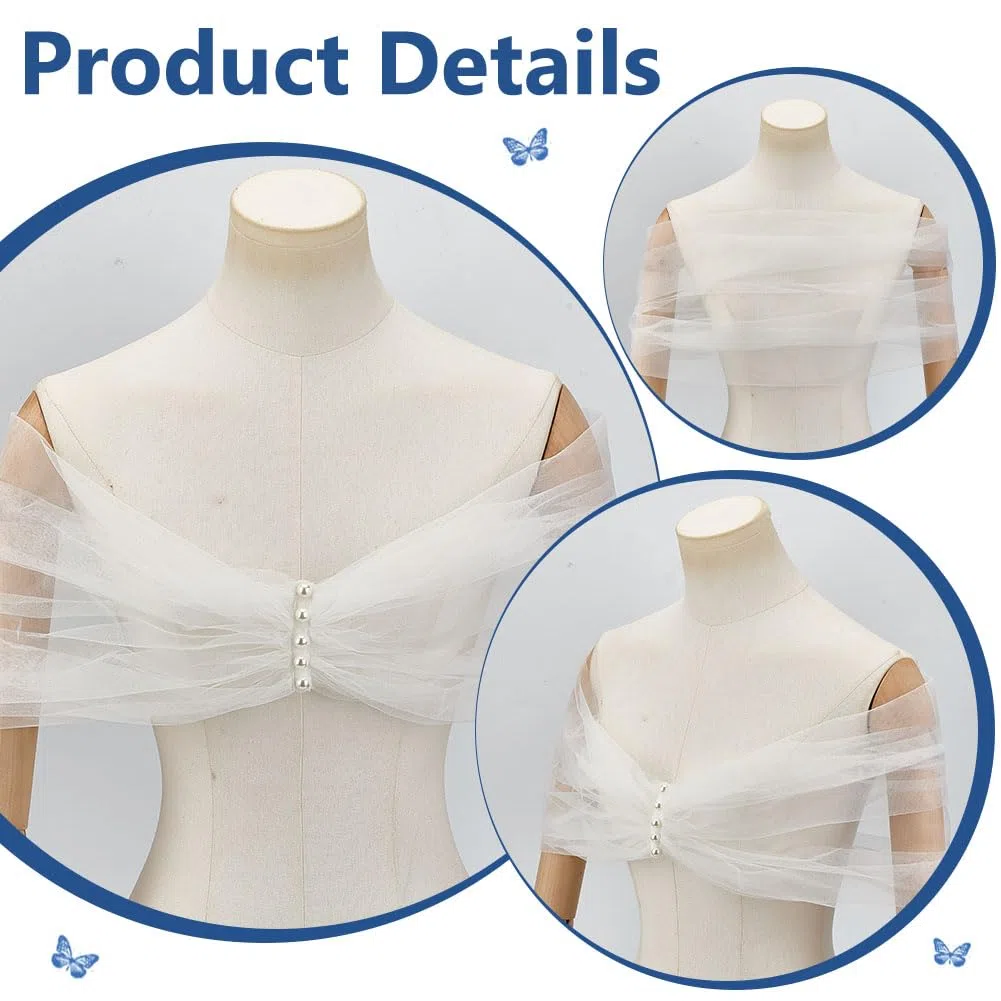MAYJOYDIY M-110cm Weiße Hochzeits Tüllschals Abnehmbarer Braut Tüllmantel Kurzer Schulterüberzug Umhang Mit Perlen Abendkleid Schal Für Frauen Braut Brautjungfer Hochzeitsfeier
