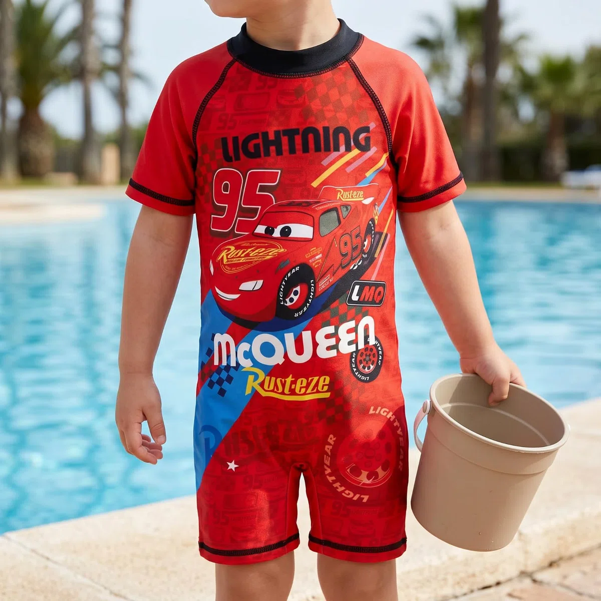 Disney Cars Lightning McQueen Jungen Schwimmanzug Badeanzug Kurzarm, rote Bademode für Kinder Gr. 86-116, 88% Polyester 12% Elastan