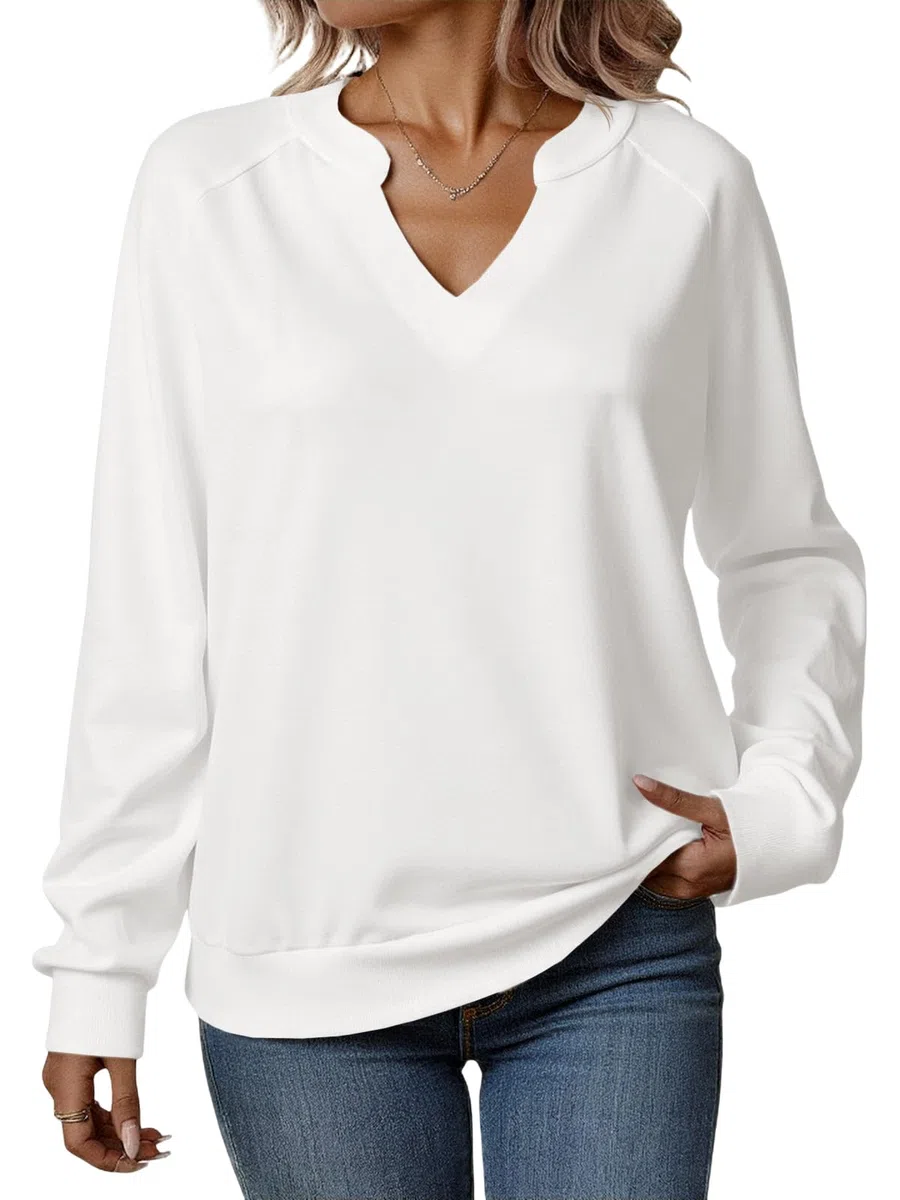 Tankaneo Sweatshirt Damen V Ausschnitt Pullover Leicht Elegant Langarmshirts Casual Baumwoll Oberteil Sexy Locker Pulli Basic Top Einfarbig