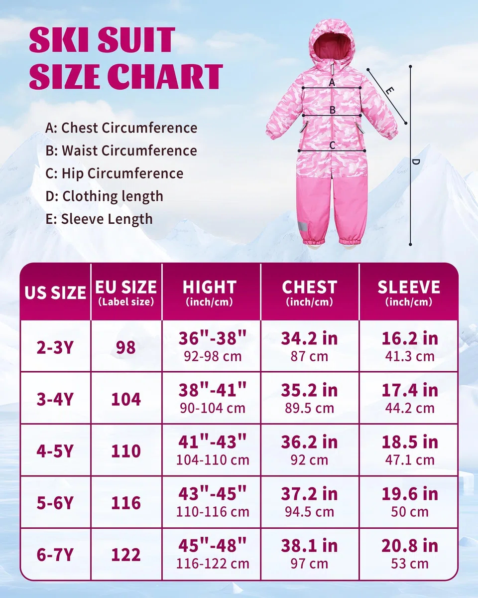 Owntop Schneeanzug Kinder Unisex, Schneeoverall Mädchen Jungen, Winddicht Wasserdicht Skianzug mit Kapuze Reißverschluss (Hellrosa Tarnung,104)