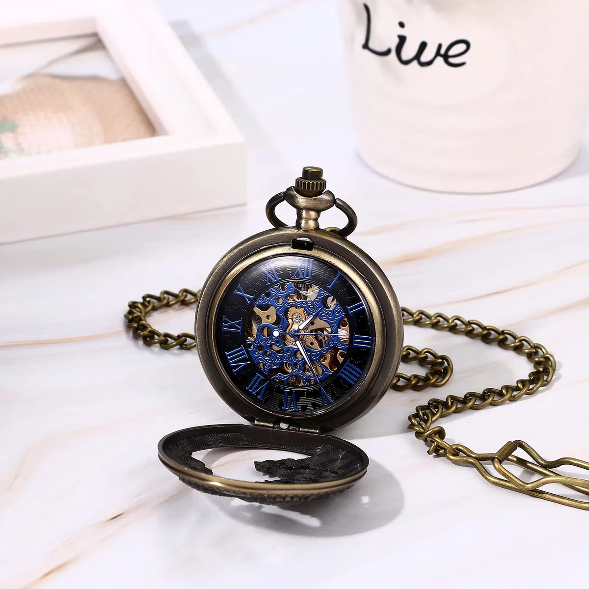 JewelryWe Taschenuhr Automatik Mechanische Herren Retro Römischen Ziffern Steampunk Skelett Uhr mit Kette
