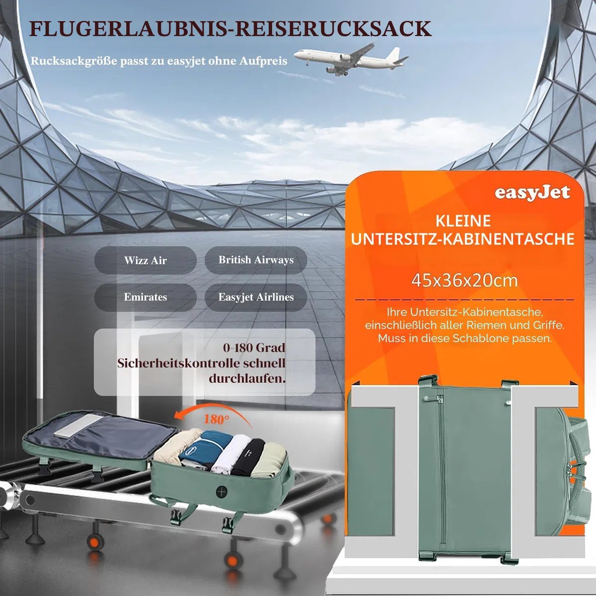 WOUIYO für Easyjet Handgepäck 45x36x20 Rucksack Handgepäck Flugzeug Reiserucksack 15.6 Zoll Laptop Backpack mit USB-Loch, Reisetasche Cabin Bag Business Arbeit für Herren Damen
