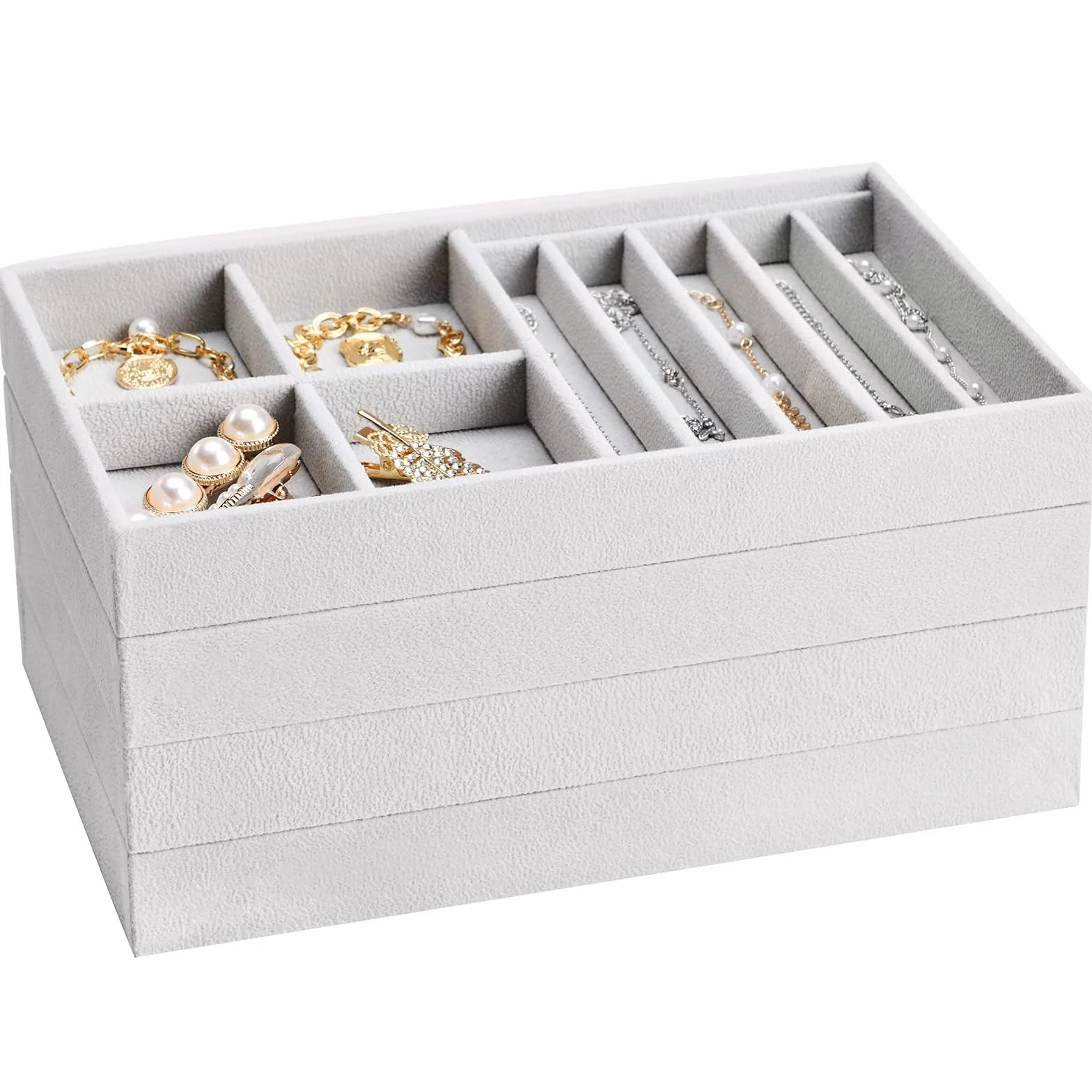 ProCase Schmucktablett Organizer mit 4 Schmuckschalen, Stapelbar Schmuck Schublade Organizer, Schmuckaufbewahrung für Ohrringe Ringe –Grau