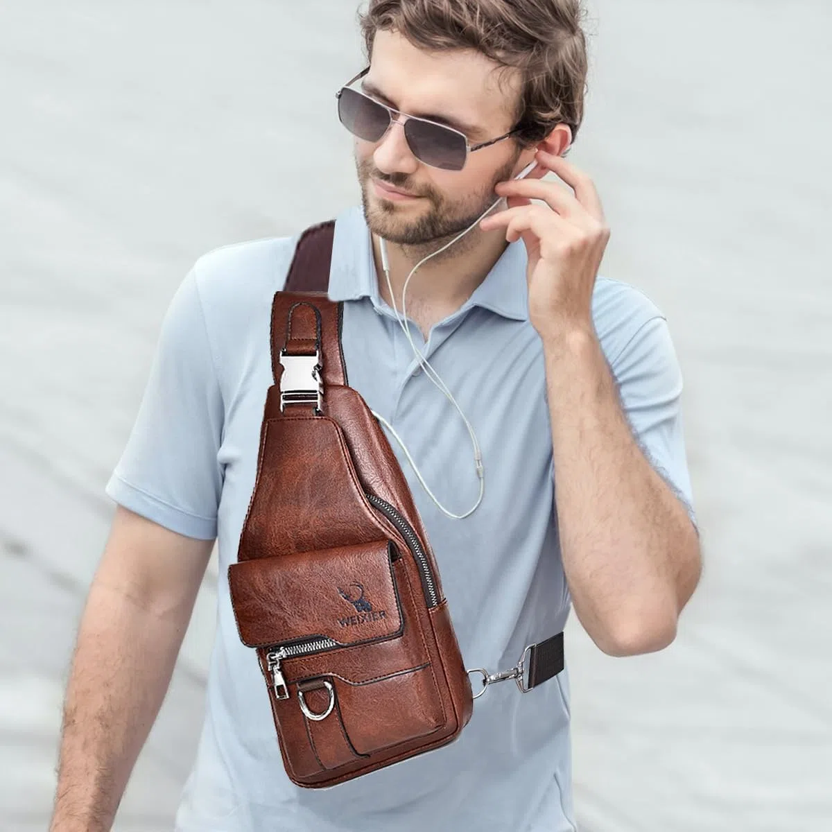 Sling Tasche für Herren,Leder Brusttasche,Wasserdichte Schultertaschen,Lässige leichte Tasche,Handy,Crossbody für Wandern,Radfahren,Camping (Dunkelbraun)