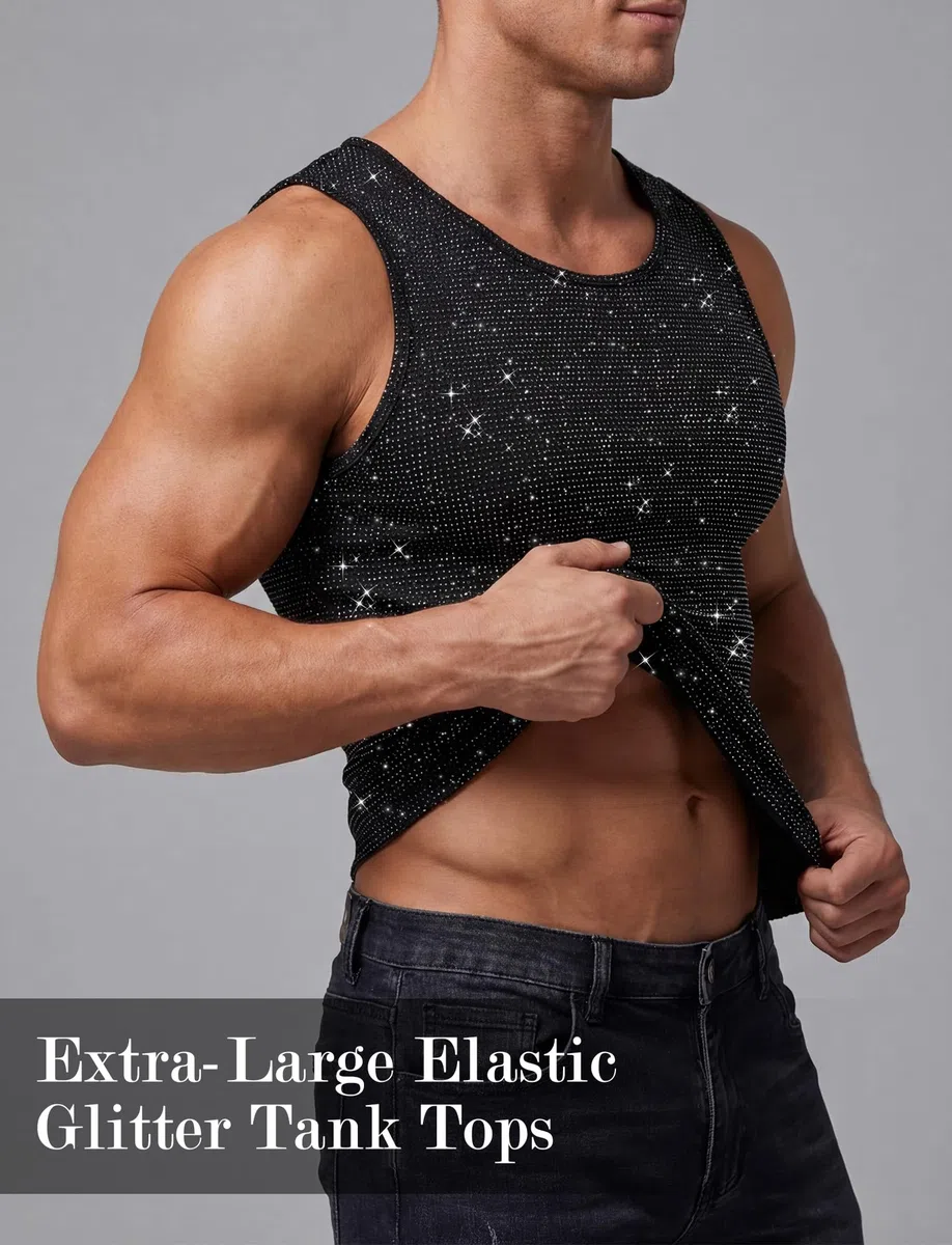 AIEOE Herren Glitzer Tank Top Muskelshirt Shiny Netzshirt Ärmelloses Oberteil Rundhals Sexy Clubwear Party Outfit für Disco Bar Festival