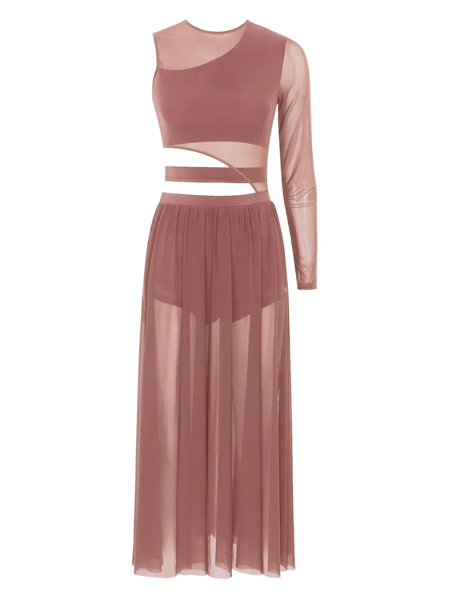 Damen Lyrisches Ballett Tanzkleid Ausschnitt Patchwork Dame Kleid Seite Split Sheer Mesh Kleider Tanzkleidung