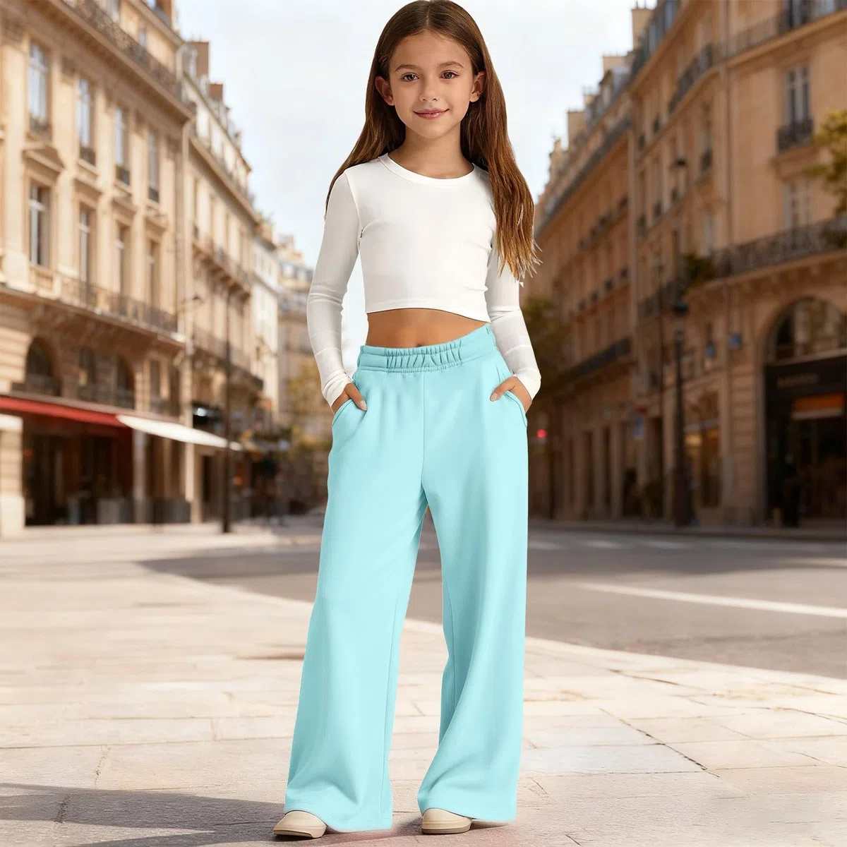 Jogginghose Mädchen mit weitem Bein, Baumwolle, weites Bein, elastische Taille, Kordelzug, Sweathose, Teenager, Kinder, Sommeruniform, Lange Hose mit Taschen, Trendige, süße Palazzo-Hose