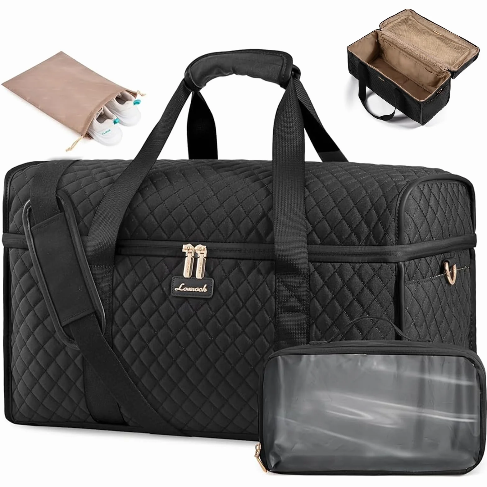 LOVEVOOK Reisetasche Damen, Große Öffnung Weekender Handgepäck Tasche Groß Travel Duffle Bag, Wasserdicht Kliniktasche Geburt Krankenhaustasche Sporttasche für Flugzeug Reise Sport Gym, Schwarz