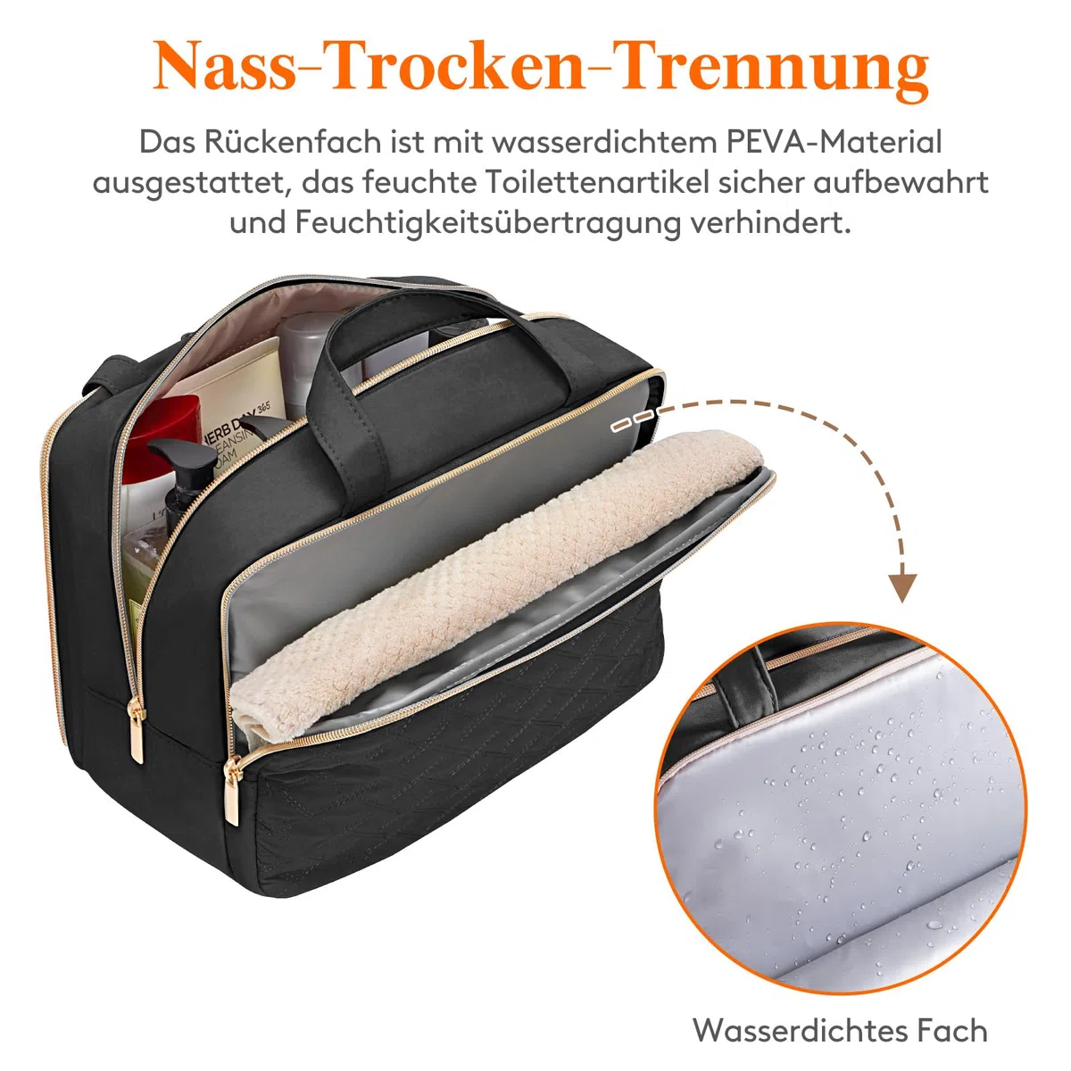 Lifewit Reise Kulturtasche Damen, 10L Groß Wasserabweisende Kulturbeutel mit Nassfach, Tragbare Schminktasche Waschtasche Organizer für Make up, Zubehör, Shampoo, Oilettenartikel, Alltag, Schwarz