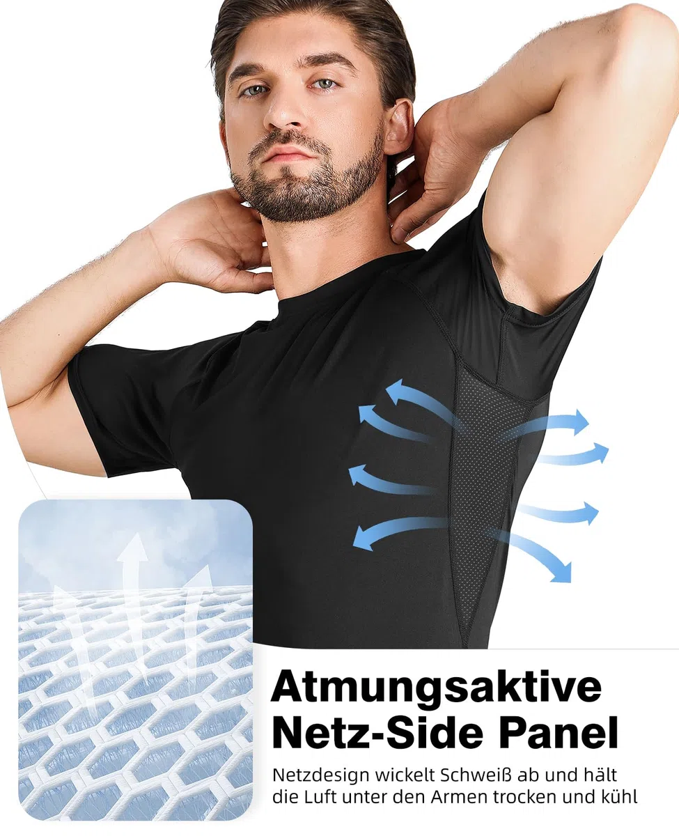 Kompressionsshirt Herren Kurzarm，Funktionsshirt Atmungsaktiv Compression T-Shirt Schnelltrocknend Sportshirt Baselayer für Fitness Laufen Gym