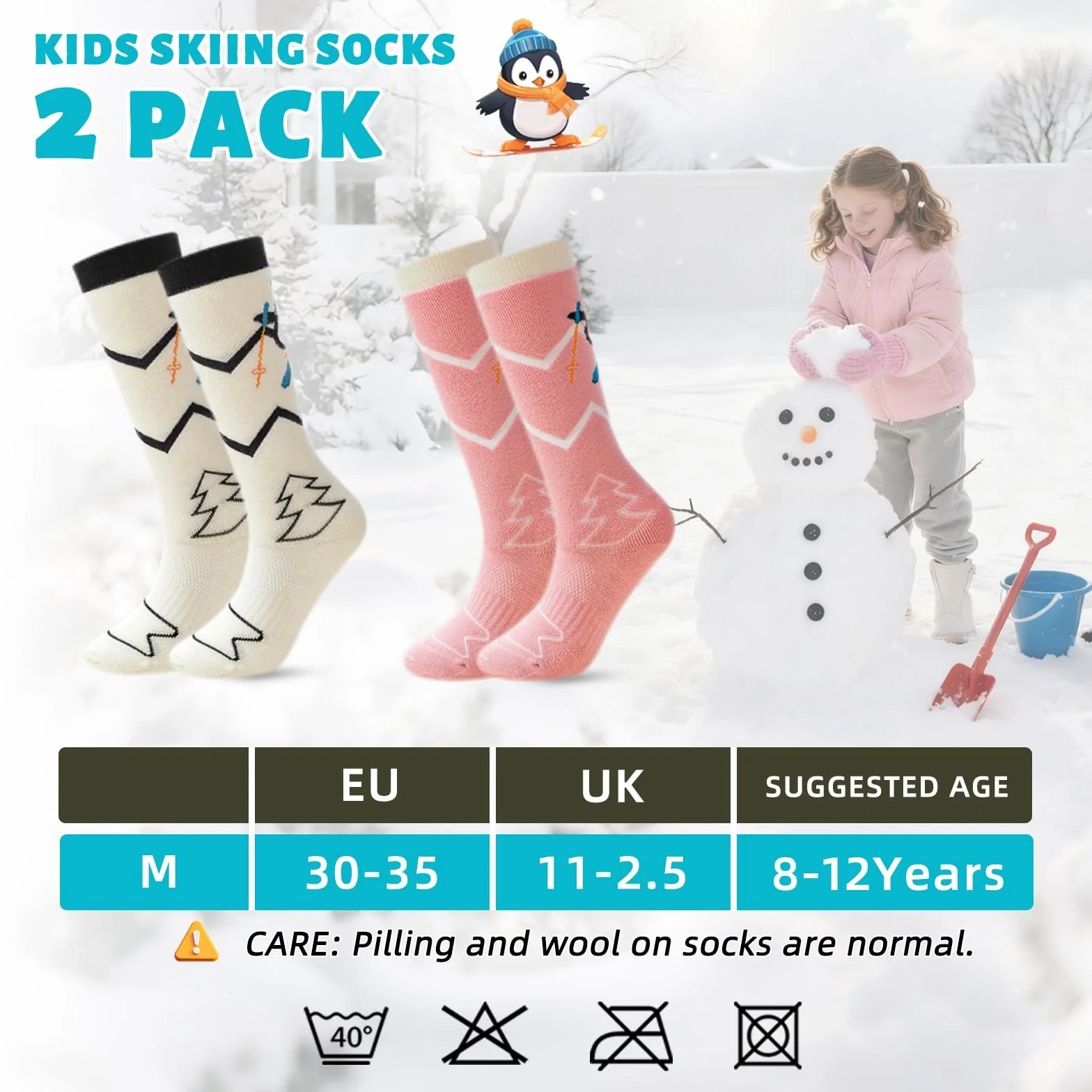 Vihir 2 Paar Kinder Skisocken mit Schafswolle robust und langlebig feuchtigkeitsregulierend atmungsaktiv hautfreundlich Pinguin 30-35