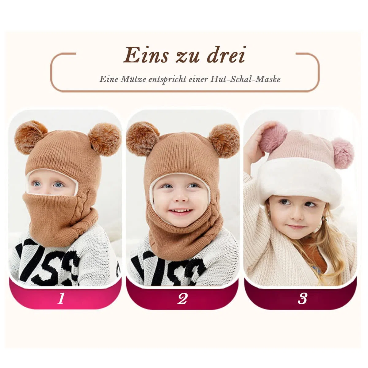 Kinder Schlupfmütze Schalmützen Sturmhaube Balaclava für Mädchen ab 3 Jahre Fleece Wollmütze Strickmütze Wintermütze Mädchen