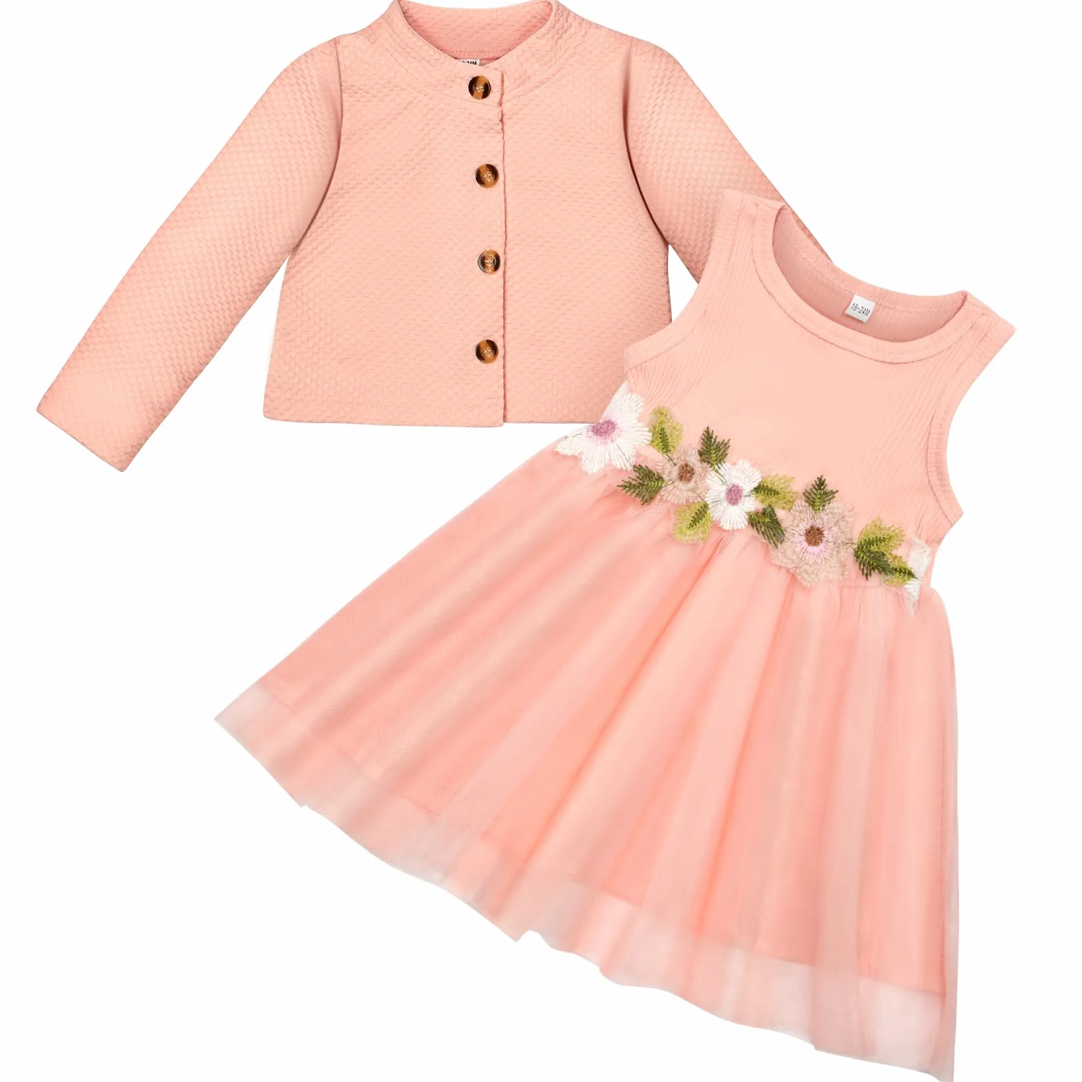Vicloon Baby Mädchen Kleid mit Strickjacke Set, Baumwollkleid, Kleinkind Ärmellose Blumen Tüll Tutu Kleider und Langarm Waffel, 2 Stück ärmellosem Tüllkleid Outfit Set für Mädchen 6 Monate-2 Jahre