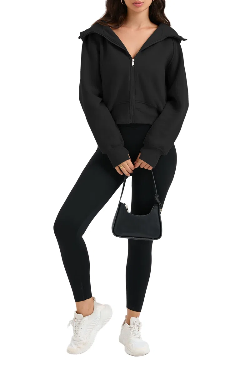 Timuspo Damen Cropped Hoodie Kurz Sweatjacke mit Kapuze Zip Up Kapuzenjacke Fleece-Innenfutter Kapuzenpullover Reißverschluss Herbst Winter Sweatshirt Jacke