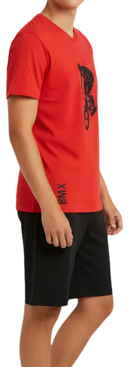Jungen Schlafanzug kurz, aus 100% weicher Baumwolle und mit Hose in Bermuda Form, mit BMX Motiv, in der Farbe rot